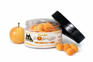 Fishing cat Mirabelka + Med 11mm 60ml Pop-Up Boilies - Nová Receptura